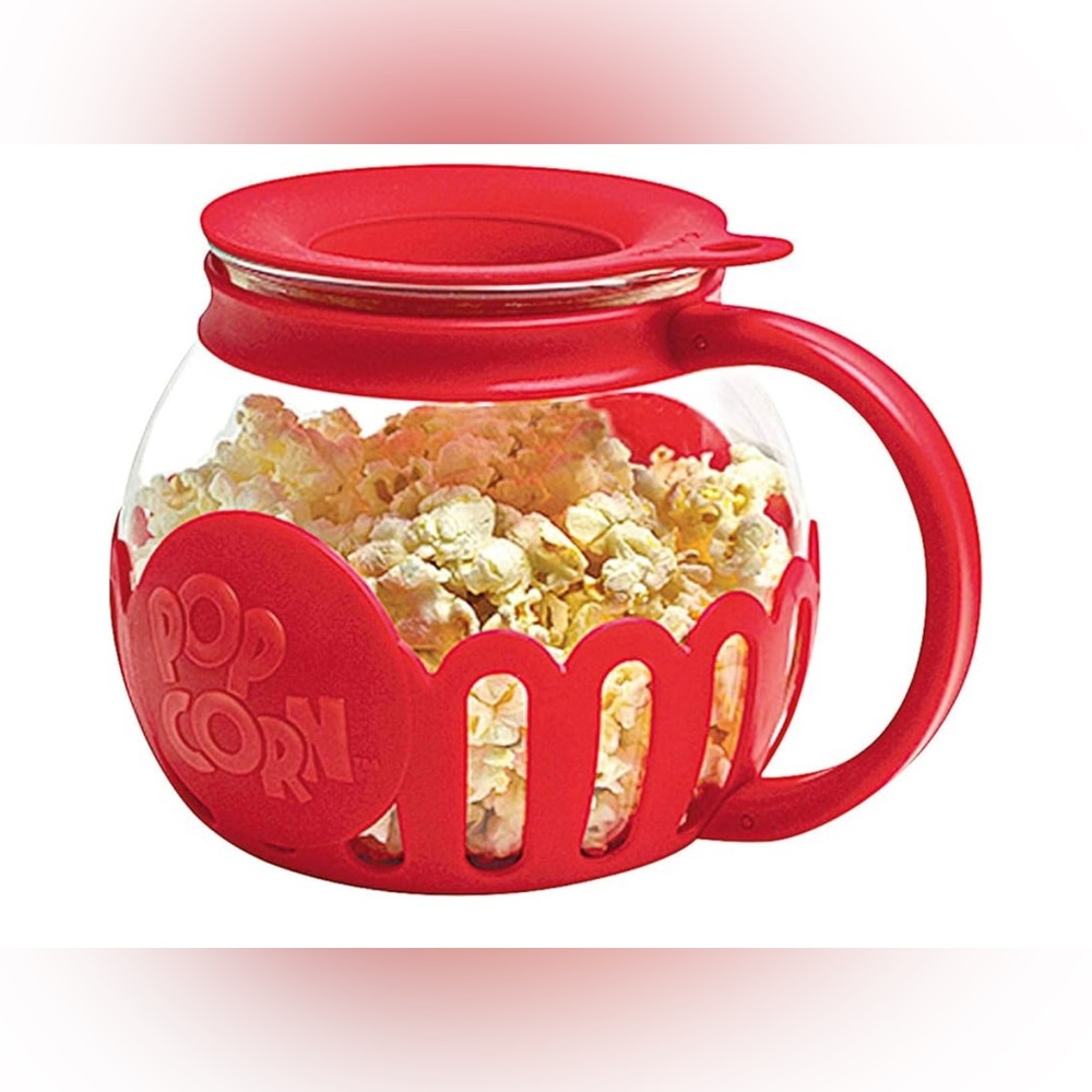 MINI POP MICROWAVE POPCORN MAKER BOWL GLASS SILICONE CLEAR RED 1.5 QTS HEALTHY